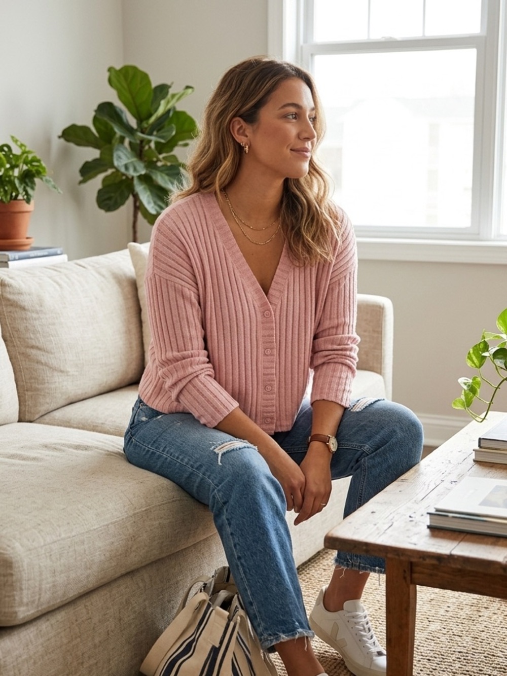 Z Supply Blush Pink Ribbed V-Neck Button Cardigan